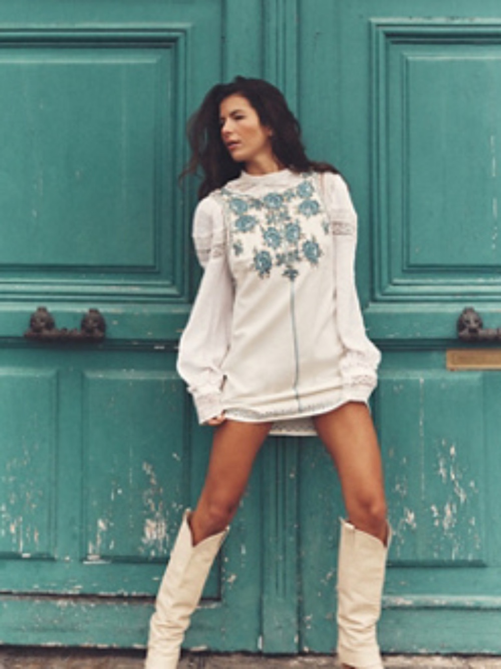 Free People Samson Ivory Mini Sleeveless Dress with Blue Embroidery